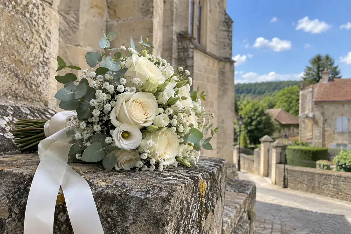 Bouquet de mariée blanc et ivoire, noué d’un ruban de satin, posé sur un muret en pierre de Jaumont devant une église de village